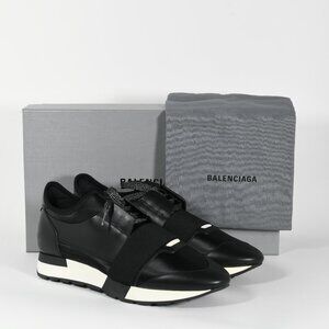 Balenciaga Race Runner Satin Sneakers Black Leather Size 10.5